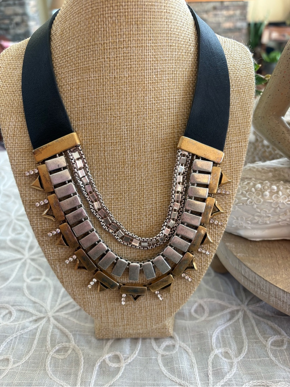 Stella & Dot "Natalie" Statement Necklace Reversible Black Leather Cobalt